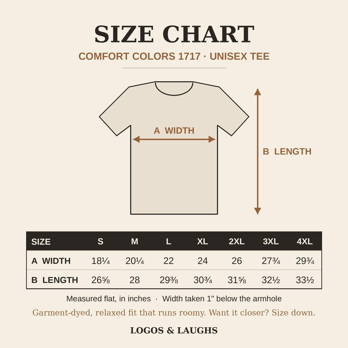 Comfort Colors 1717 size chart: width and length in inches, S to 4XL