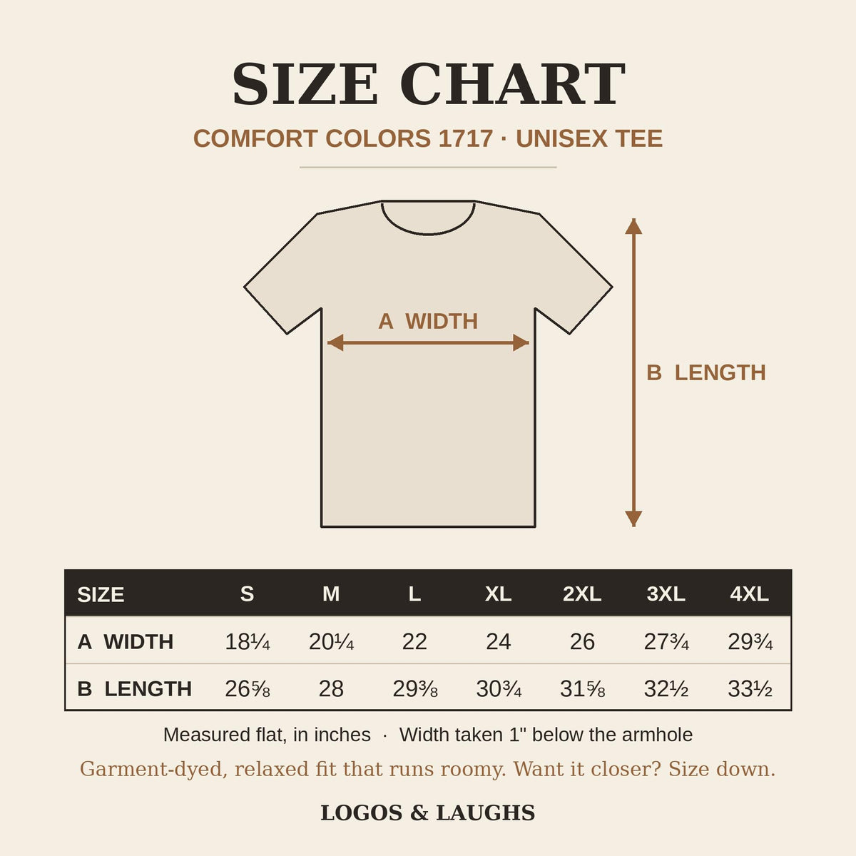 Comfort Colors 1717 size chart: width and length in inches, S to 4XL