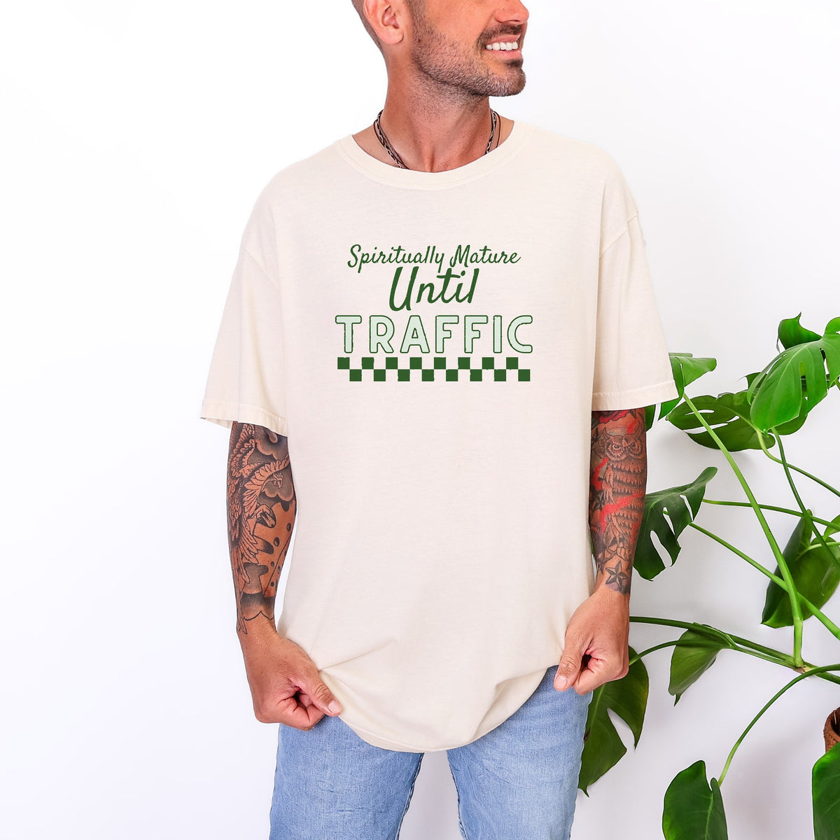 Man wearing Spiritually Mature Until Traffic tee in Ivory